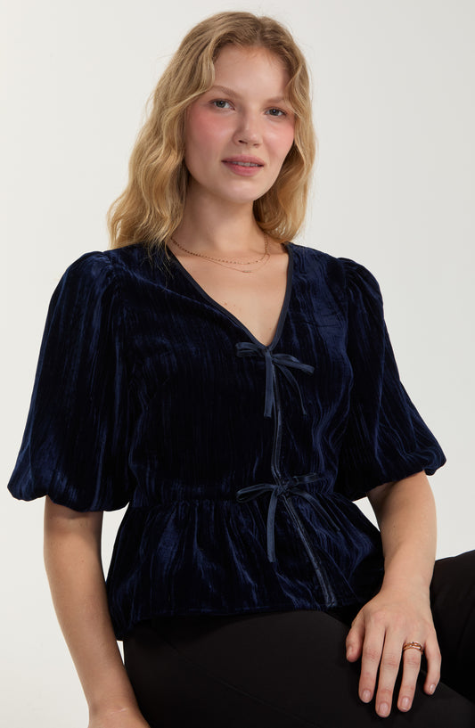 LIVERPOOL 3/4 BLOUSON SLEEVE TIE PEPLUM TOP - BLUE
