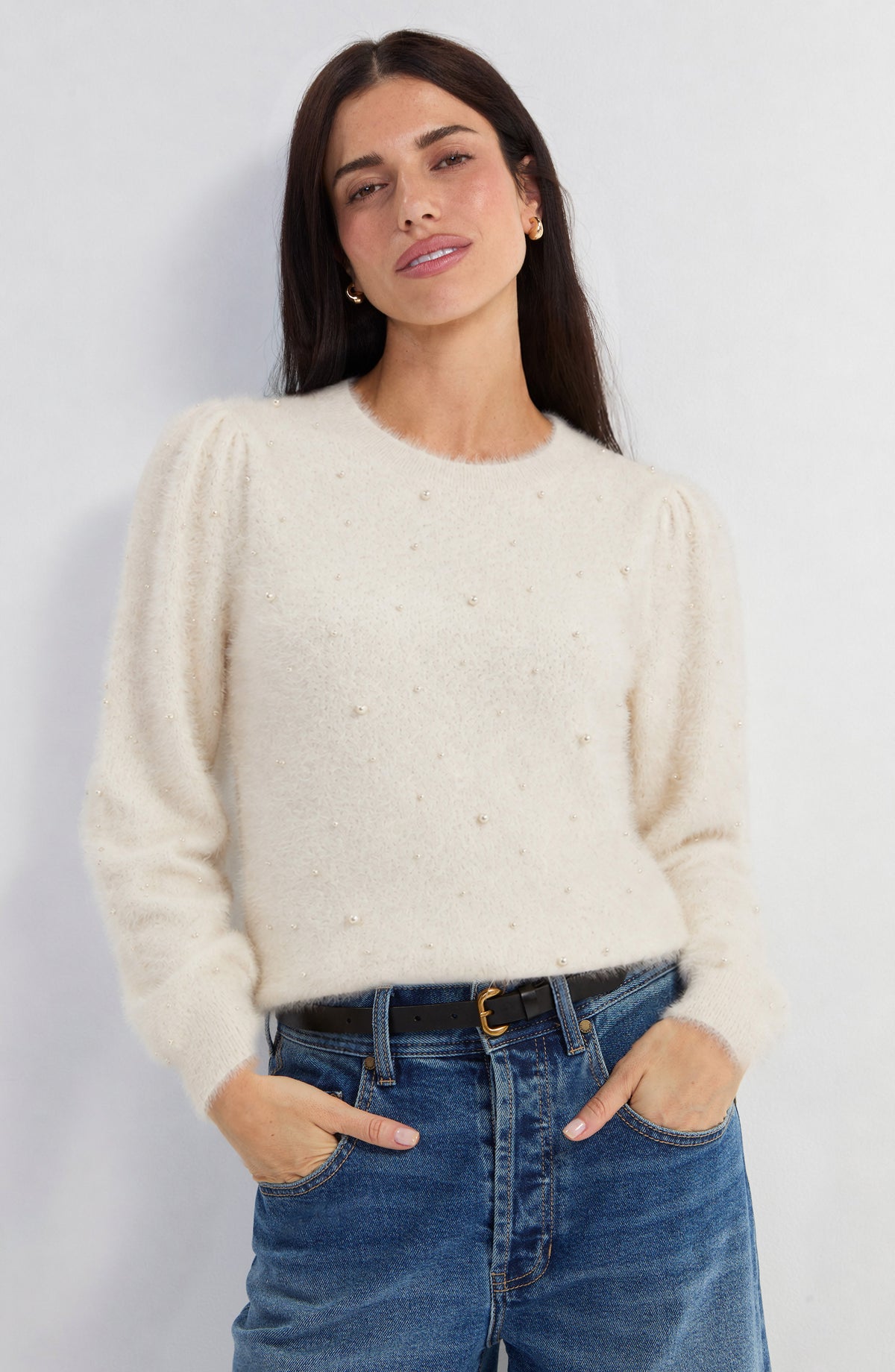LIVERPOOL LONG PUFF SLEEVE CREW NECK SWEATER - IVORY
