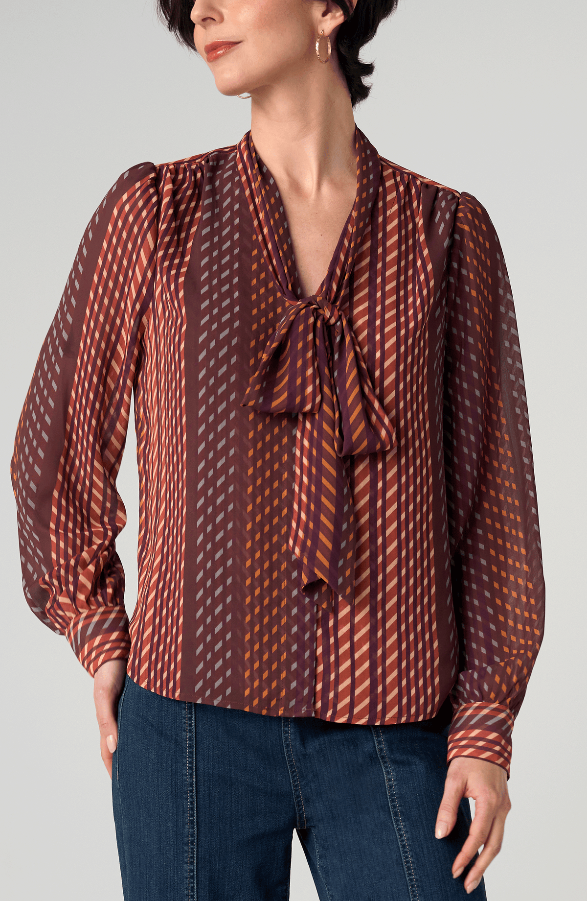 LIVERPOOL LONG SLEEVE WOVEN BLOUSE - BURGUNDY RUST MULTI