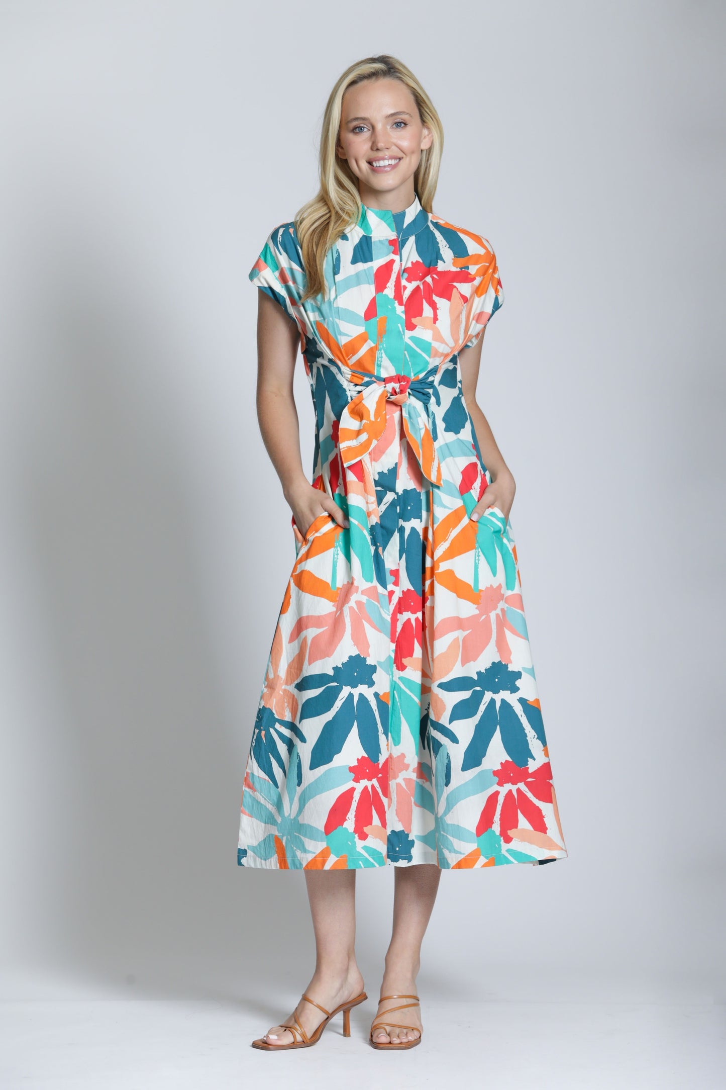 APNY TIE FRONT DRESS - HOT CORAL MULTI