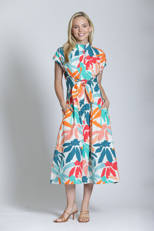 APNY TIE FRONT DRESS - HOT CORAL MULTI