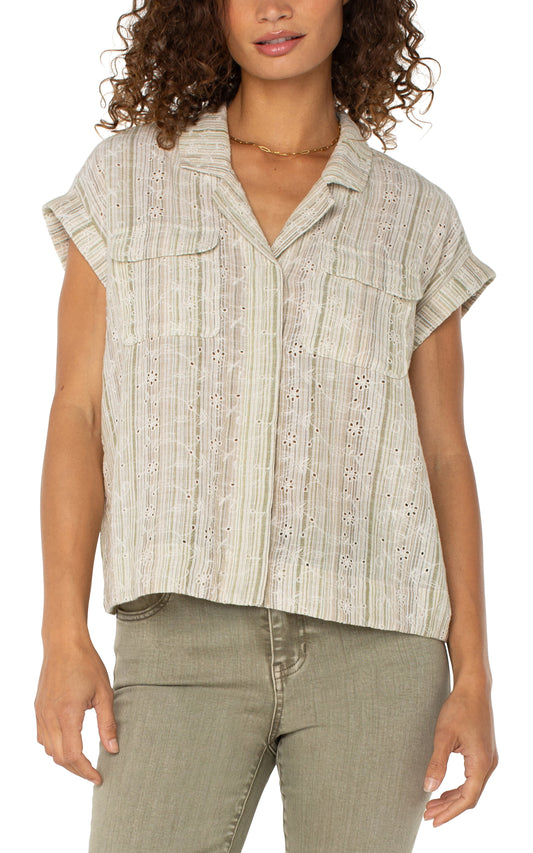 LIVERPOOL SLEEVELESS DOLMAN CAMP SHIRT - GREEN MULTI