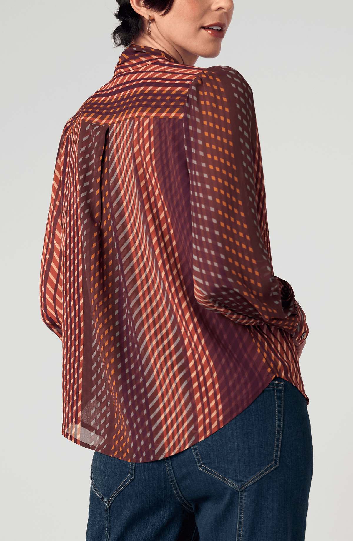 LIVERPOOL LONG SLEEVE WOVEN BLOUSE - BURGUNDY RUST MULTI
