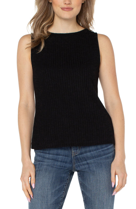 LIVERPOOL SLEEVELESS BOAT-NECK RIBBED TANK - BLACK