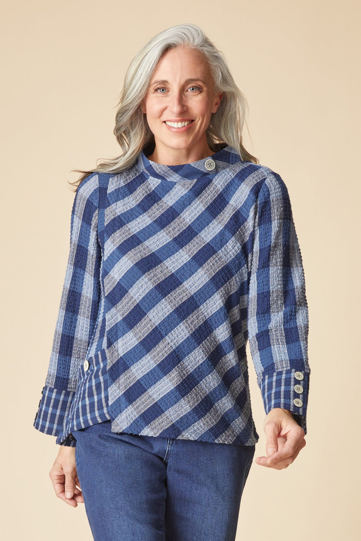 HABITAT PLAIDEMONIUM ASSYMETRICAL BUTTON FRONT TOP - NAVY