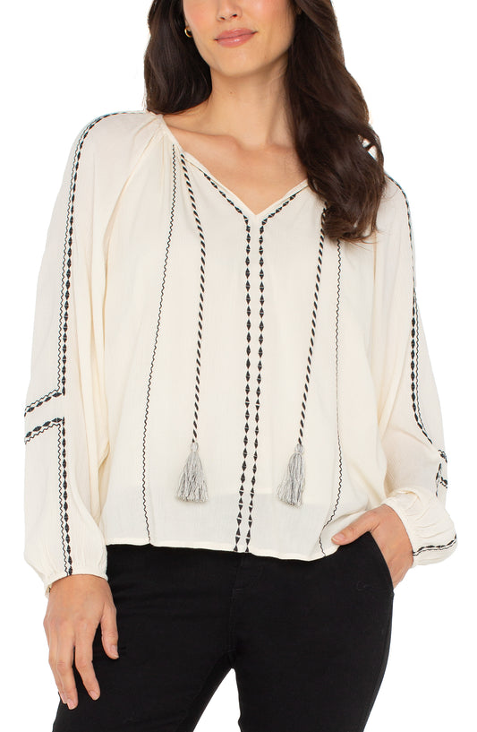 LIVERPOOL LONG-SLEEVE WOVEN RAGLAN TOP - CREAM