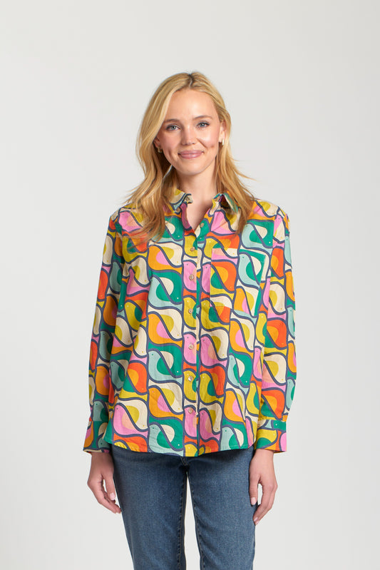 AP NY BOYFRIEND BUTTON-UP TOP - GREEN MULTI