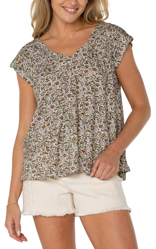 LIVERPOOL SHORT-SLEEVE DOLMAN TIE-BACK TOP - GREEN MULTI