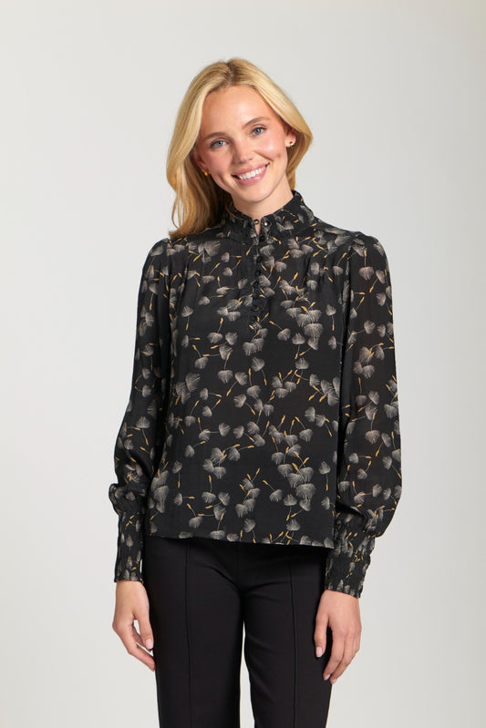 AP NY PUFF-SLEEVE BLOUSE W/ RUCHING - BLACK