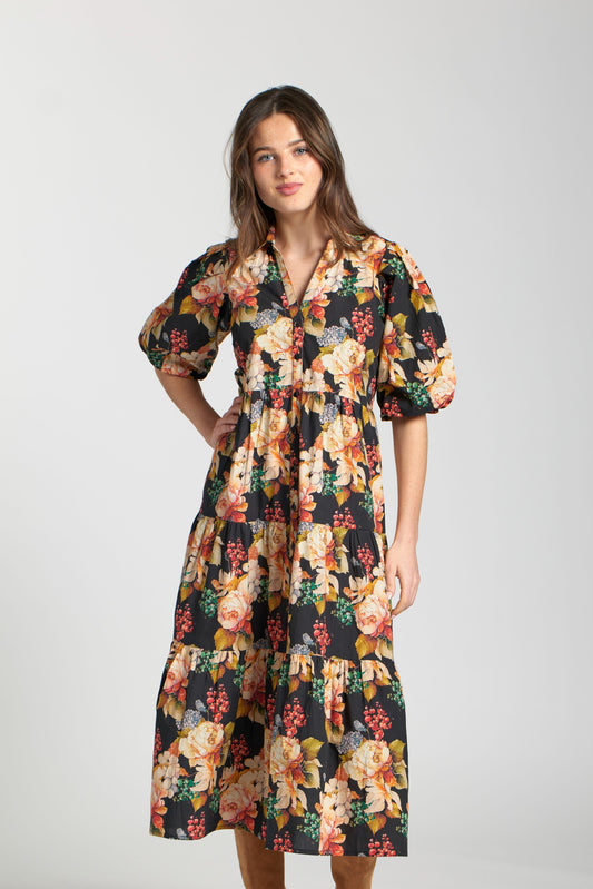 AP NY LONG-TIERED DRESS - BLACK MULTI
