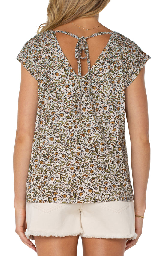 LIVERPOOL SHORT-SLEEVE DOLMAN TIE-BACK TOP - GREEN MULTI