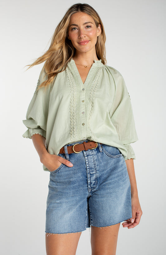 LIVERPOOL 3/4 SLV B/F WOVEN TOP - MATCHA