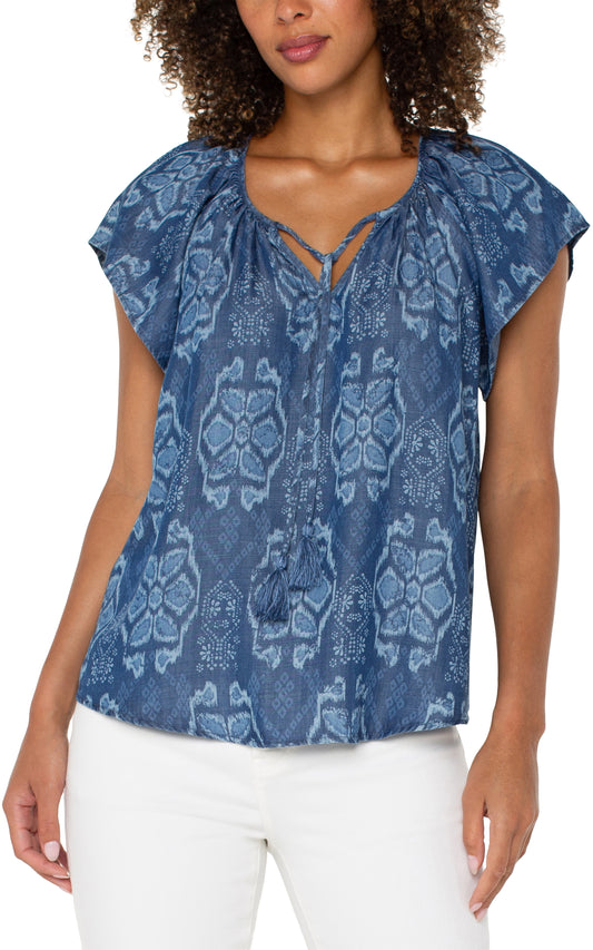 LIVERPOOL FLUTTER SLEEVE TOP - BLUE MULTI