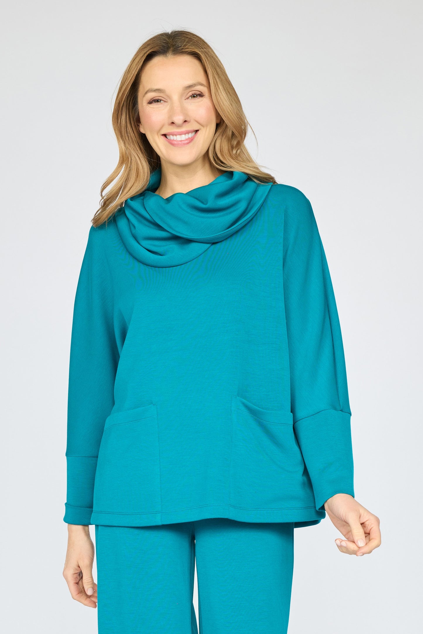 OLIVIA BT HABITAT FEATHERLUX KNIT SOLID COWL NECK TUNIC - TEAL