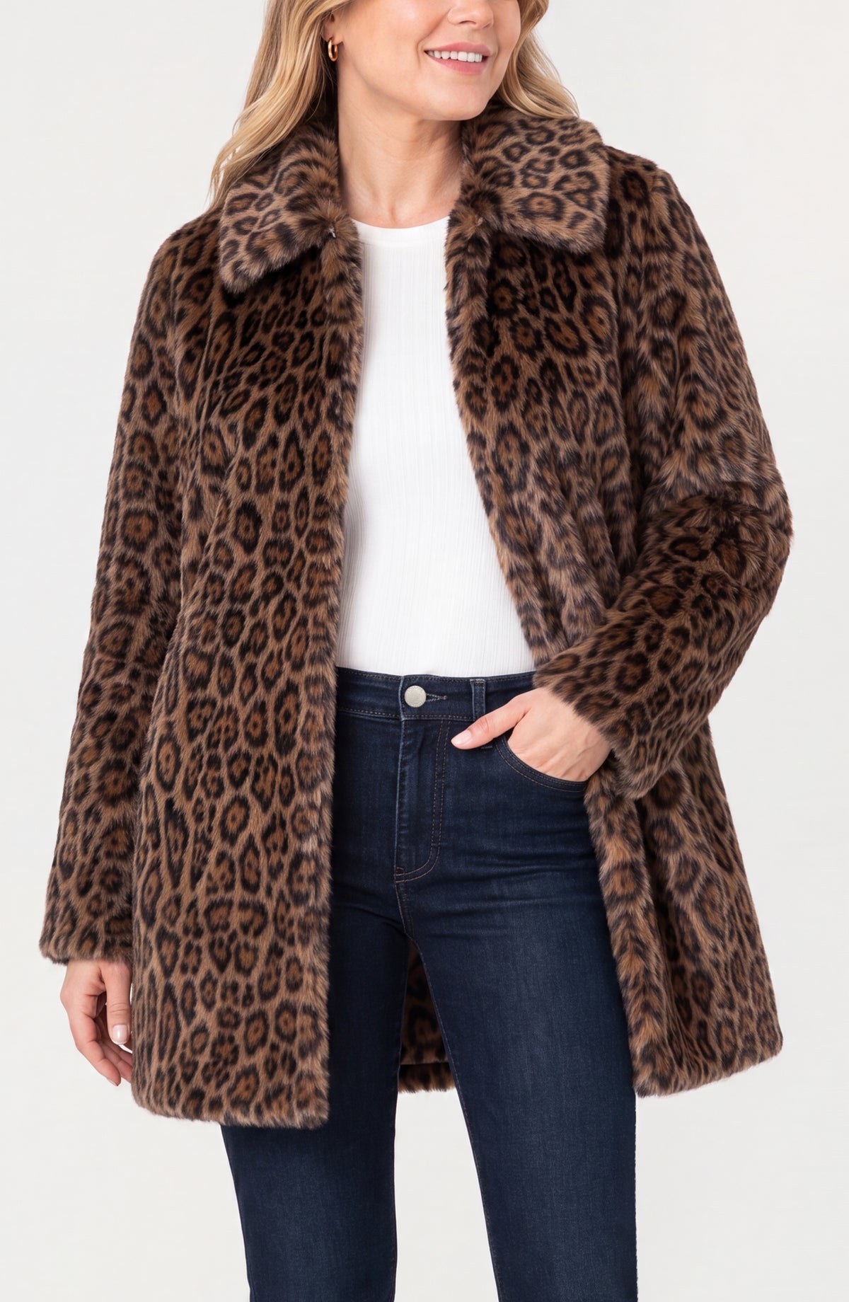 LIVERPOOL COLLARED FAUX FUR COAT - BROWN MULTI