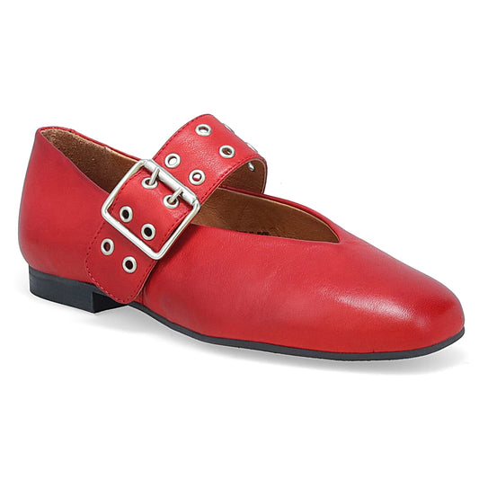 Red shoe with a white buckle on a white background