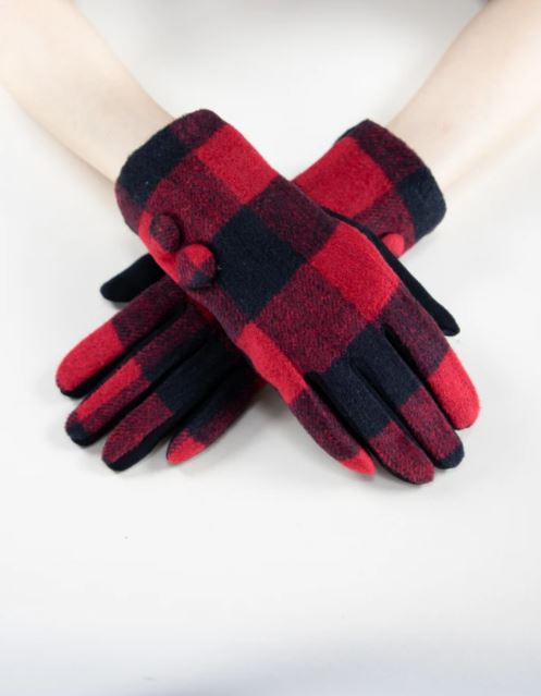 *SALE* VERY MODA 2 BUTTON BOXY FLANNEL GLOVES - RED & BLACK - GL12291RD